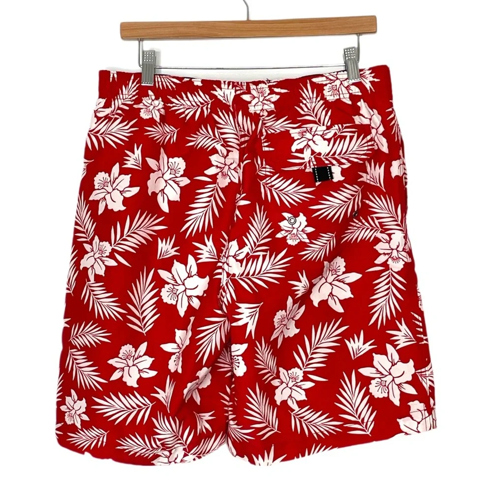Lands’ End Men’s Red Palm Swim Trunks 9” Inseam Swim Shorts Medium Size 32-34